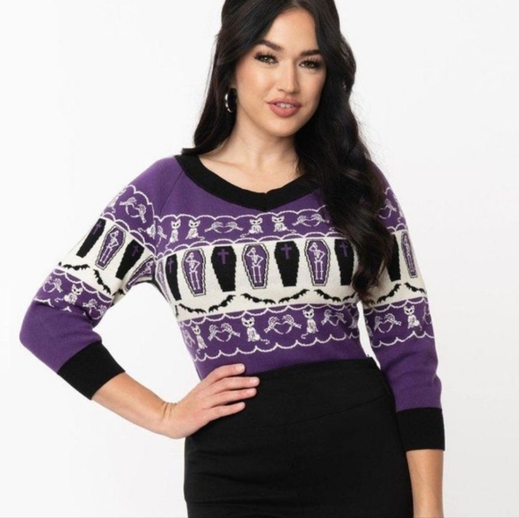 Unique Vintage Sweaters - Unique Vintage Cats And Coffins Sweater